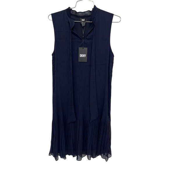 DKNY Shift Dress Size 6 Sleeveless Tie Neck Pleated Chiffon Navy Blue Party NEW - Picture 3 of 10